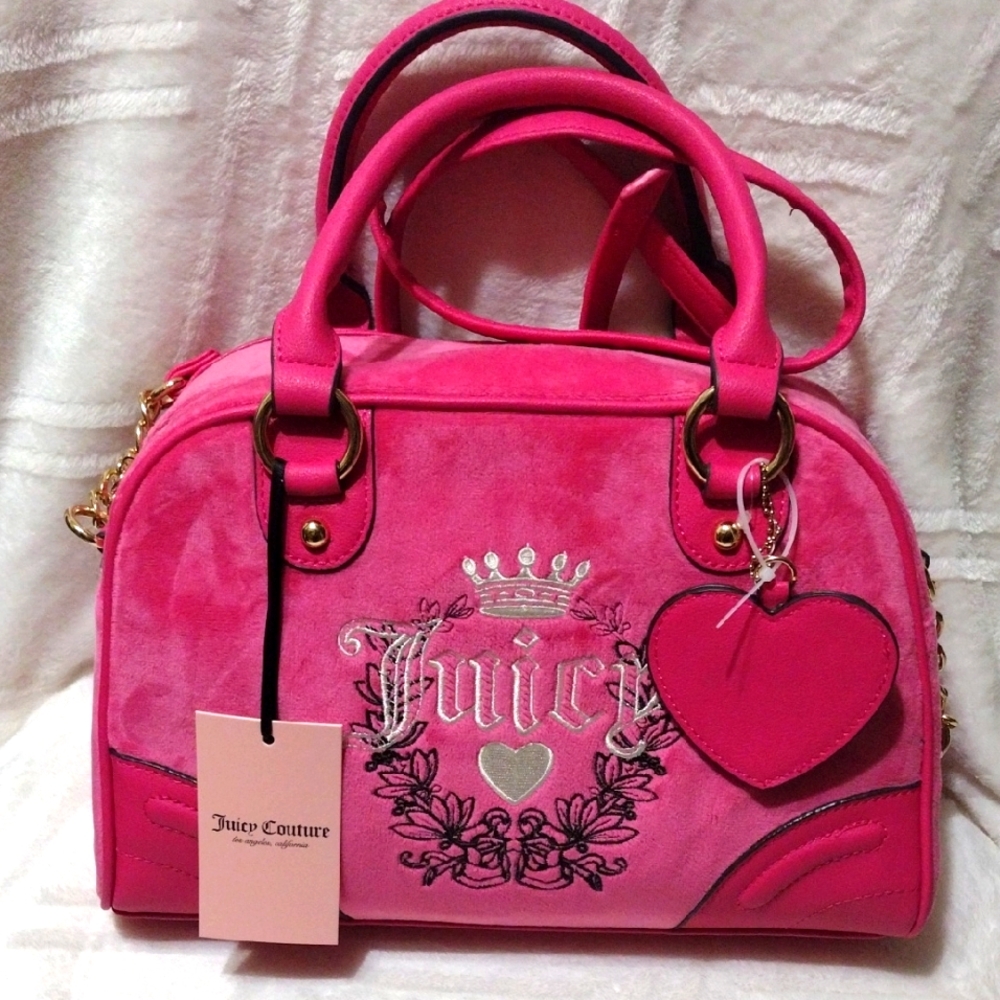 Juicy Couture Free Love Hot Pink Velour Bowler Bag Y2K